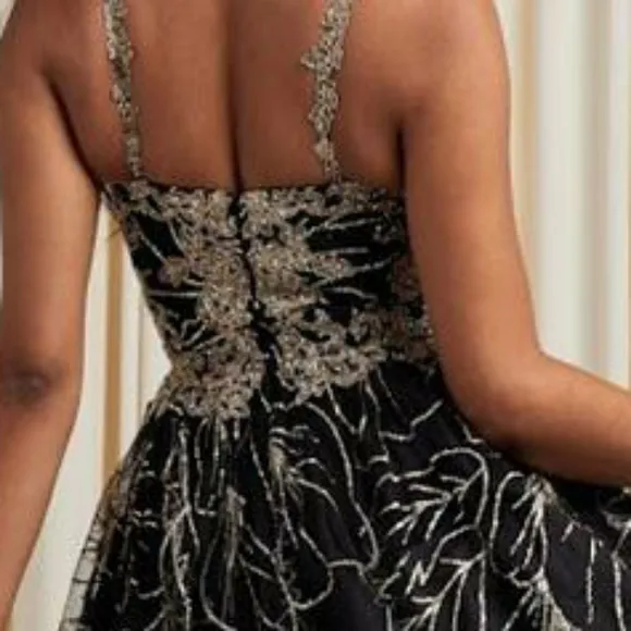 New short black/gold tulle glitter embroidered cocktail dress