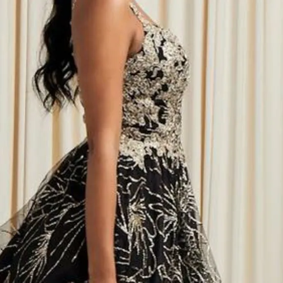 New short black/gold tulle glitter embroidered cocktail dress