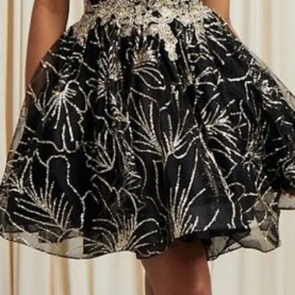 New short black/gold tulle glitter embroidered cocktail dress