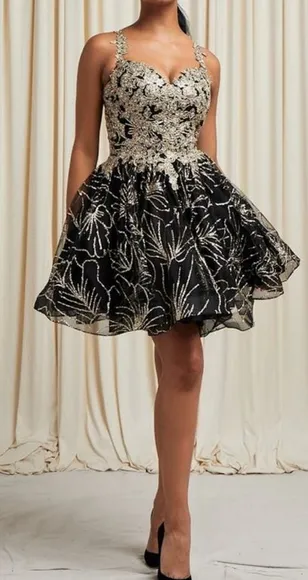 New short black/gold tulle glitter embroidered cocktail dress