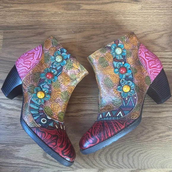 NEW Socofy Bohemian Heeled Leather Ankle Boots
