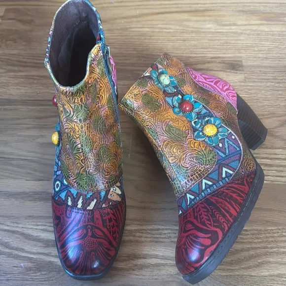 NEW Socofy Bohemian Heeled Leather Ankle Boots