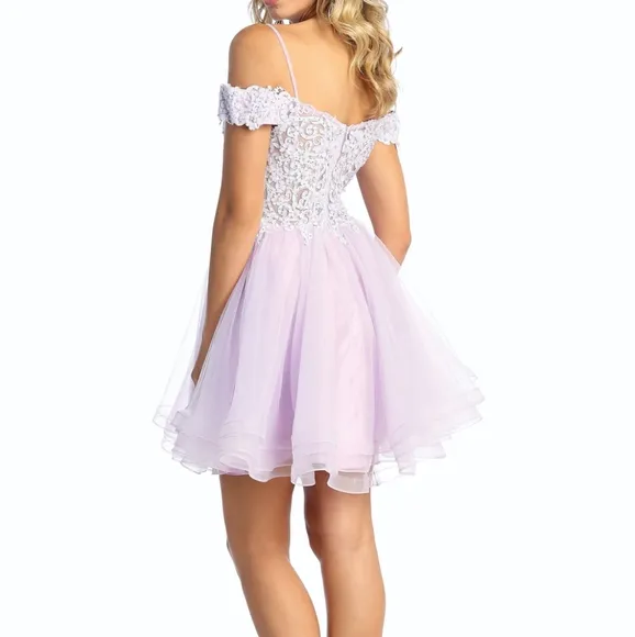 New spaghetti strap off shoulder short beaded tulle dress