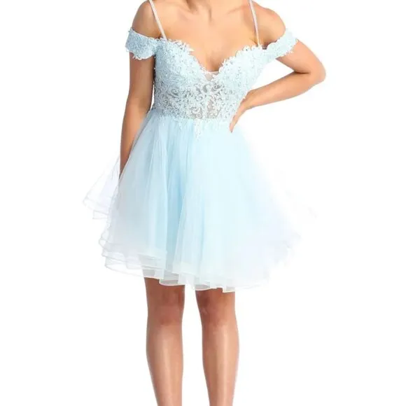 New spaghetti strap off shoulder short beaded tulle dress