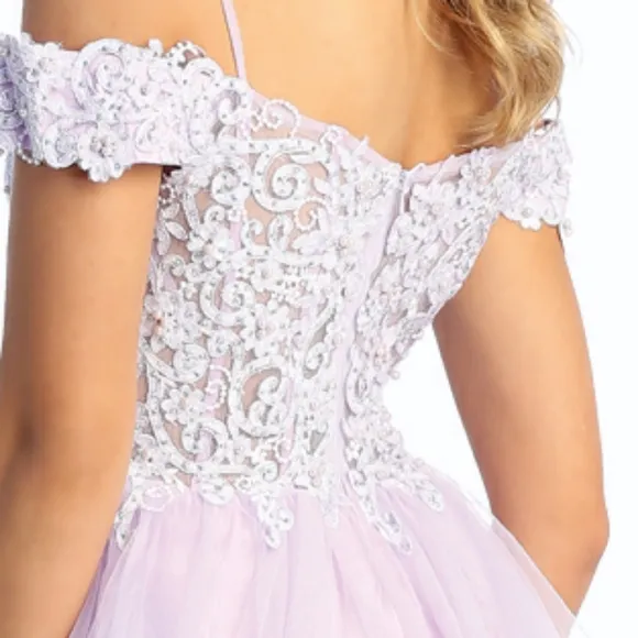 New spaghetti strap off shoulder short beaded tulle dress