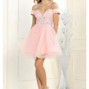 New spaghetti strap off shoulder short beaded tulle dress