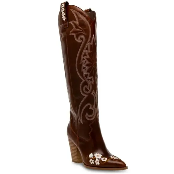 NEW STEVE MADDEN | Lashes Genuine Leather Flower Detail Tall Western Boots