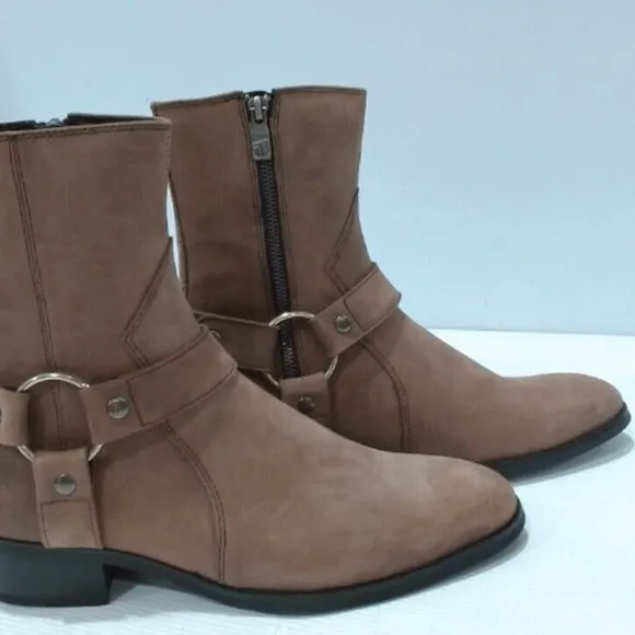 NEW TATHANIUM BROWN SUEDE LEATHER LINED MOTORCYCLE HARNESS BOOTS SOFT TOE 7.5