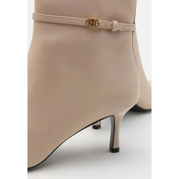 NEW TORY BURCH women's double t buckle pointed ankle boot in stone gray