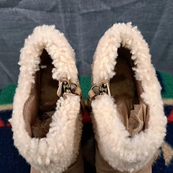 NEW *UGG GEORGETTE* Ankle Platform Boots Nubuck Fur upper Logo beige Size 7.5