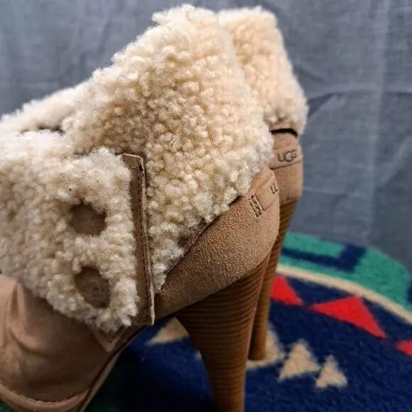NEW *UGG GEORGETTE* Ankle Platform Boots Nubuck Fur upper Logo beige Size 7.5
