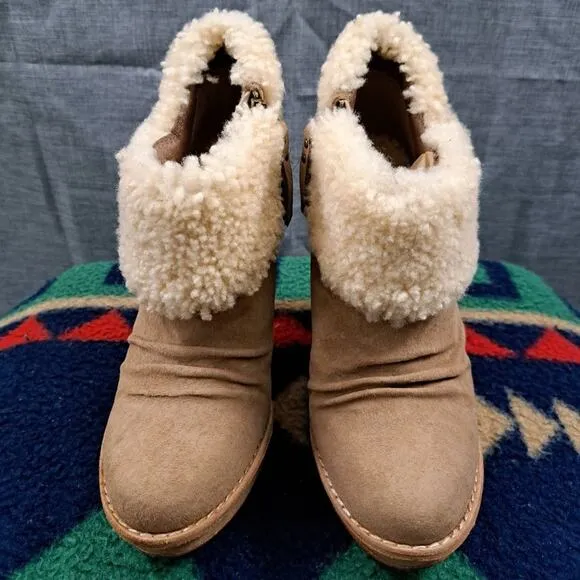 NEW *UGG GEORGETTE* Ankle Platform Boots Nubuck Fur upper Logo beige Size 7.5