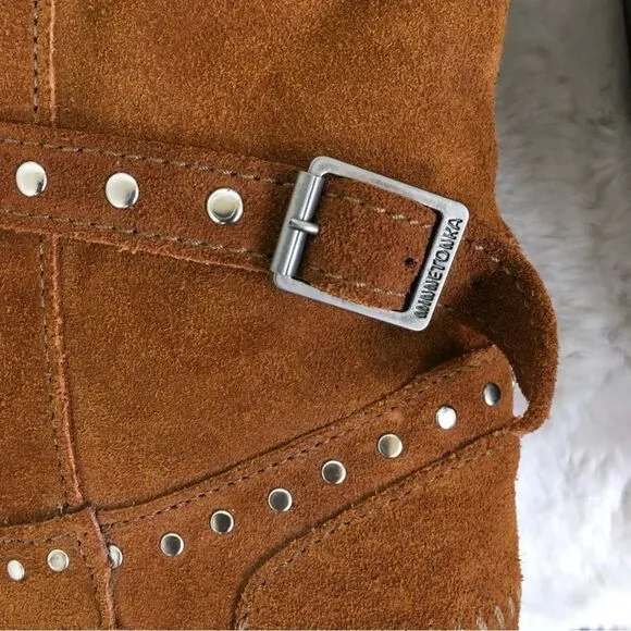 NEW Minnetonka Cognac Slouchy Suede Harness Studded Moccasin Boots Size 9