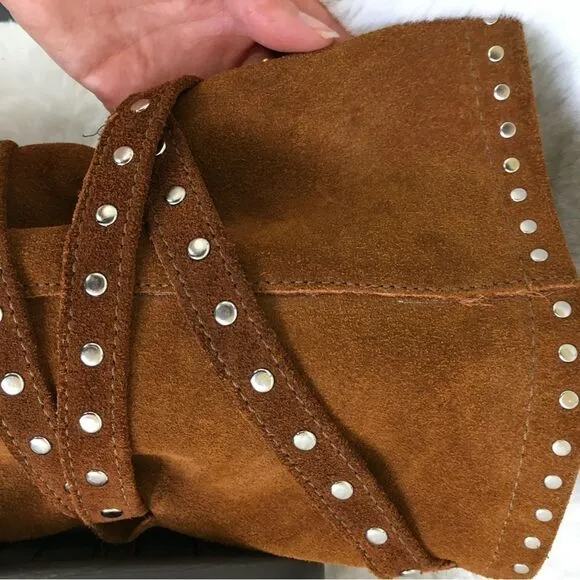 NEW Minnetonka Cognac Slouchy Suede Harness Studded Moccasin Boots Size 9