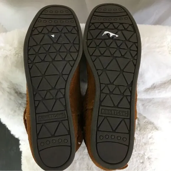 NEW Minnetonka Cognac Slouchy Suede Harness Studded Moccasin Boots Size 9