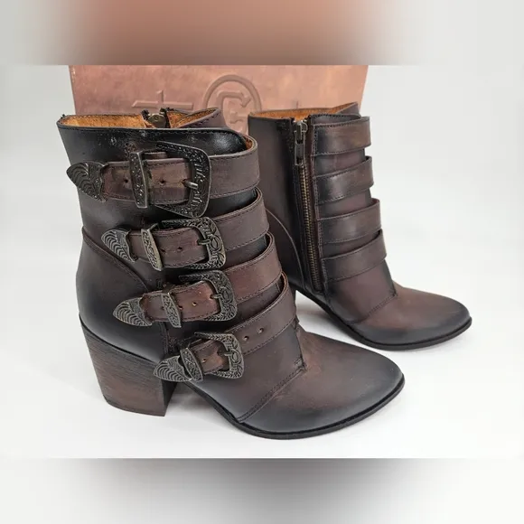 NIB Circle G by Corral Brown Western Ankle Multi Buckle Side Zip Boots 7.5 M