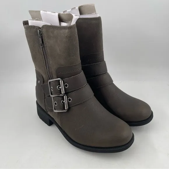 NIB! UGG Women’s Wilde Brown Waterproof Leather Double Buckle Moto Boot - Size 5