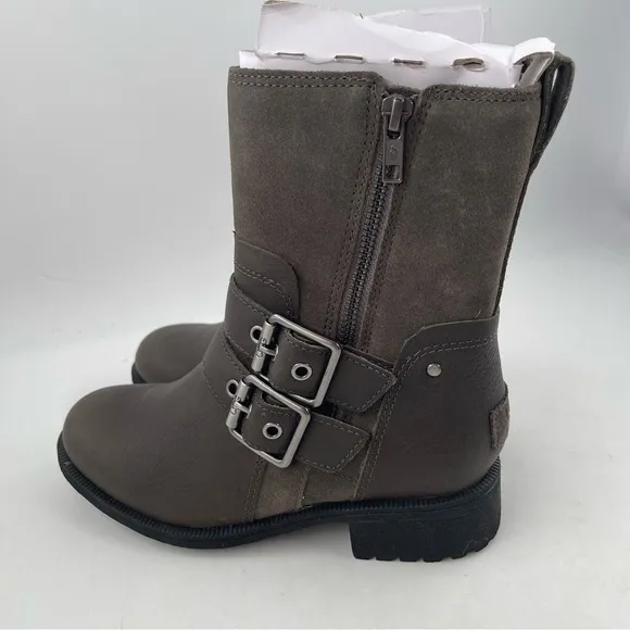 NIB! UGG Women’s Wilde Brown Waterproof Leather Double Buckle Moto Boot - Size 5