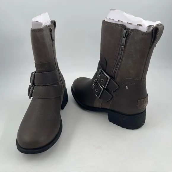 NIB! UGG Women’s Wilde Brown Waterproof Leather Double Buckle Moto Boot - Size 5