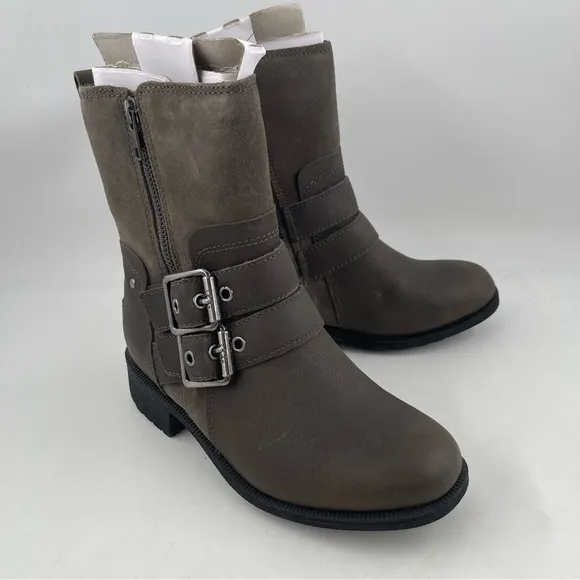 NIB! UGG Women’s Wilde Brown Waterproof Leather Double Buckle Moto Boot - Size 5