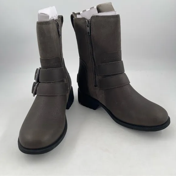NIB! UGG Women’s Wilde Brown Waterproof Leather Double Buckle Moto Boot - Size 5
