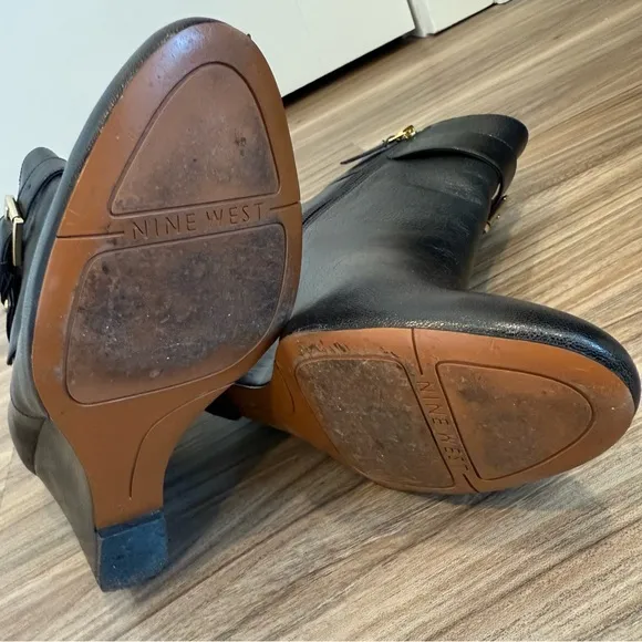 Nine West Black Leather Buckle Wedge Ankle Boots