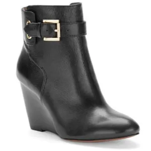 Nine West Black Leather Buckle Wedge Ankle Boots