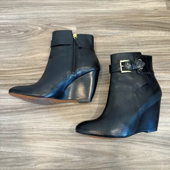 Nine West Black Leather Buckle Wedge Ankle Boots