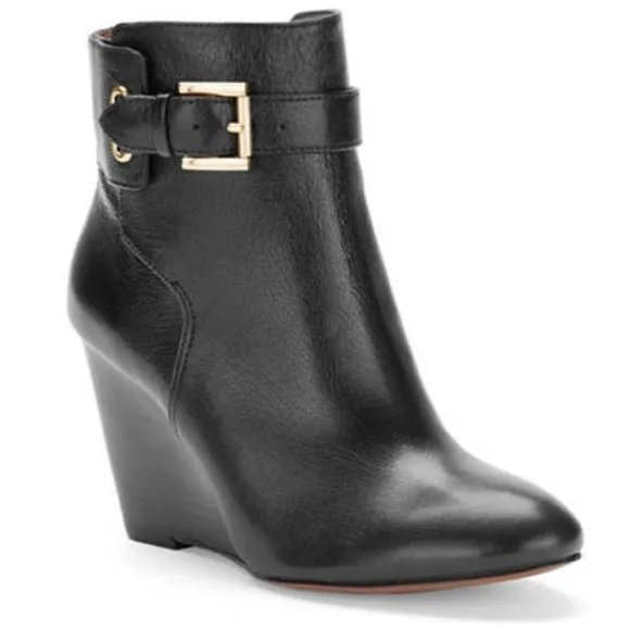 Nine West Black Leather Buckle Wedge Ankle Boots