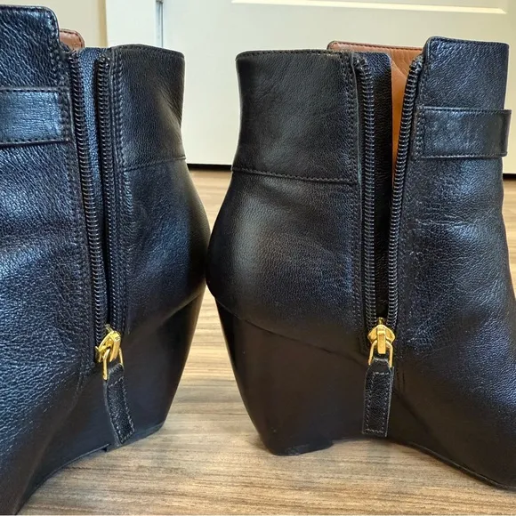 Nine West Black Leather Buckle Wedge Ankle Boots