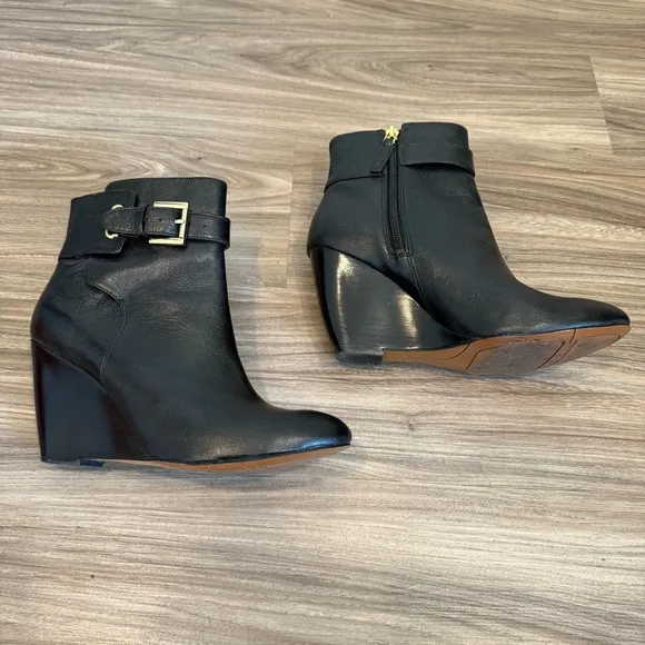 Nine West Black Leather Buckle Wedge Ankle Boots