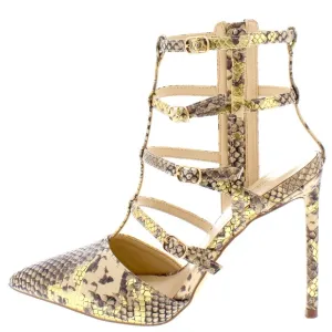 Nude &amp; Gold Python Print Caged Vegan Leather High Heel Ankle Boots