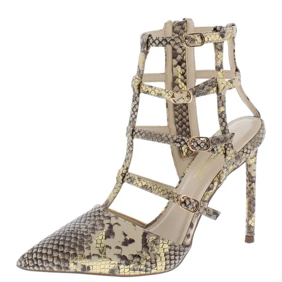 Nude &amp; Gold Python Print Caged Vegan Leather High Heel Ankle Boots