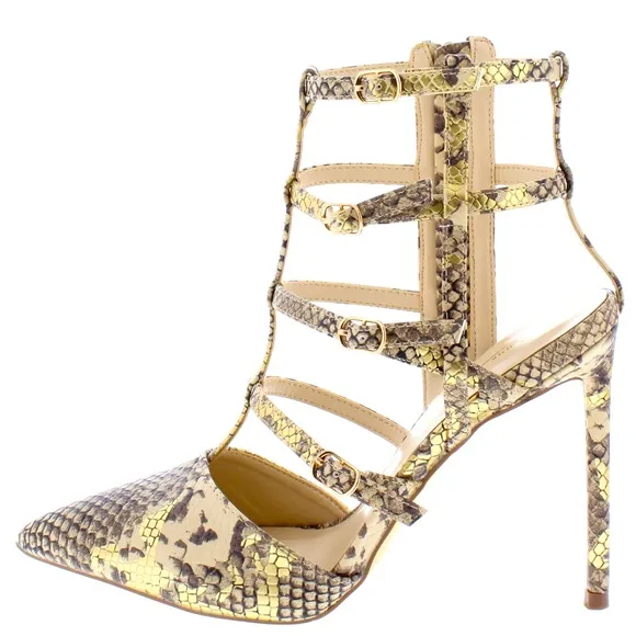 Nude &amp; Gold Python Print Caged Vegan Leather High Heel Ankle Boots