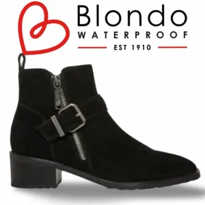 NWOB $149 Blondo Sz 7 Susan Black Zip &amp; Buckle Waterproof Suede Ankle Bootie