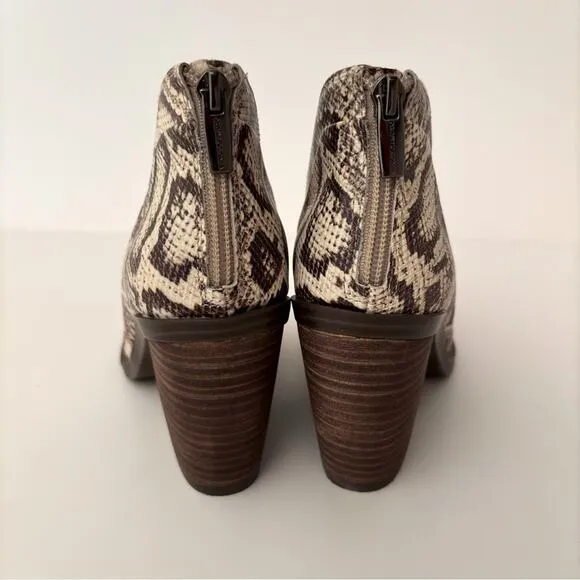 NWOB Vince Camuto Gradina Cream Brown Snake Print Block Heel Ankle Boots Size 8