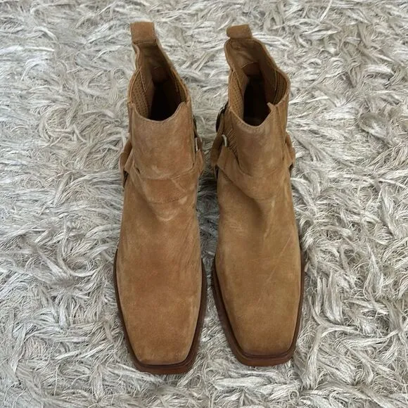 NWOB Sam Edelman Bellamie Suede Harness Western Ankle Boots in Camel Suede Sz 8