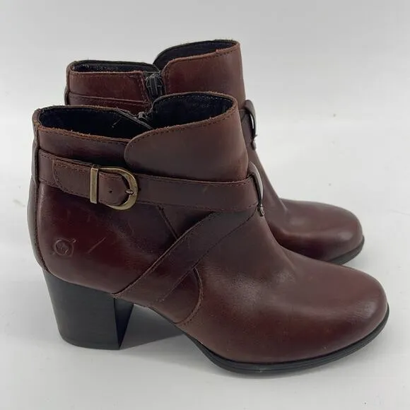NWOT Born Carabel Cognac leather heeled side zip harness ankle boots sz 6