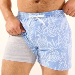 NWOT Chubbies Sz L The Thigh-Napples 4&quot; Lined Classic Swim Trunk Blue Pineapples