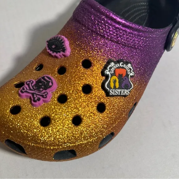 NWOT Crocs Disney Hocus Pocus Limited Edition Shoes Glitter Purple Orange‎ W8 M6