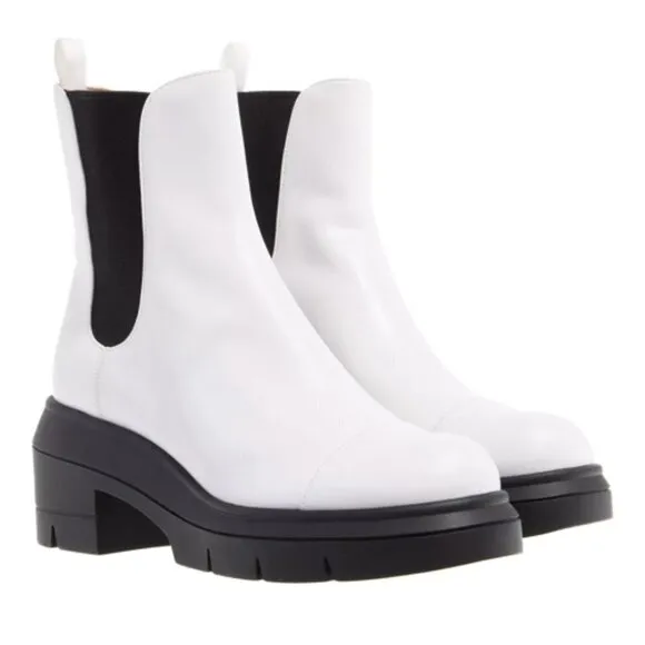 NWOT Stuart Weitzman Norah Lug Sole Chelsea White Leather Ankle Boots Sz. 10
