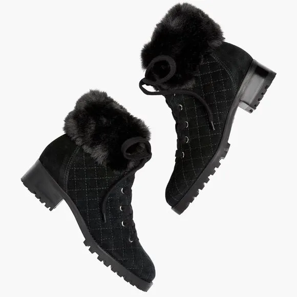 NWOT Talbots Black Suede TISH Quilted Hiking Ankle Boots, Size 9