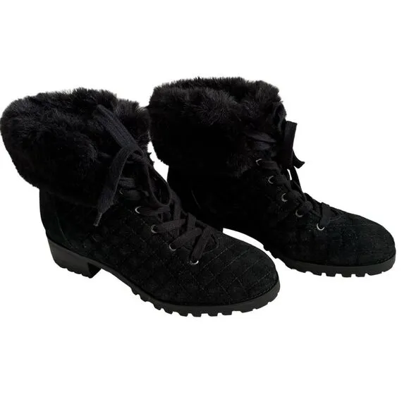 NWOT Talbots Black Suede TISH Quilted Hiking Ankle Boots, Size 9