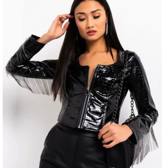 NWT AKIRA Black Vegan Patent Leather Croc Chain Fringe Arm Moto Jacket Medium