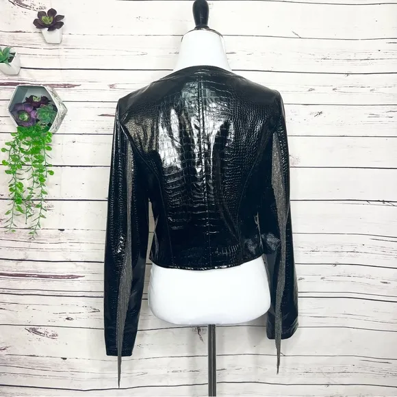 NWT AKIRA Black Vegan Patent Leather Croc Chain Fringe Arm Moto Jacket Medium