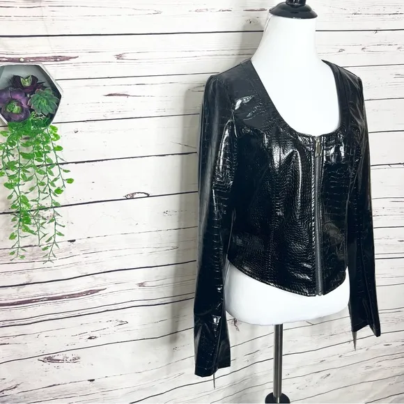 NWT AKIRA Black Vegan Patent Leather Croc Chain Fringe Arm Moto Jacket Medium