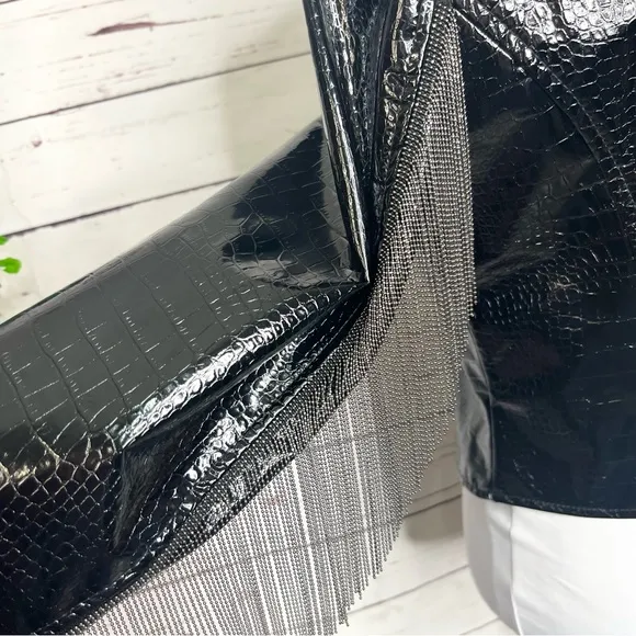 NWT AKIRA Black Vegan Patent Leather Croc Chain Fringe Arm Moto Jacket Medium