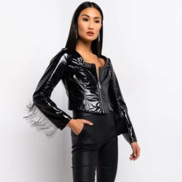 NWT AKIRA Black Vegan Patent Leather Croc Chain Fringe Arm Moto Jacket Medium