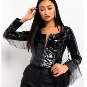 NWT AKIRA Black Vegan Patent Leather Croc Chain Fringe Arm Moto Jacket Medium