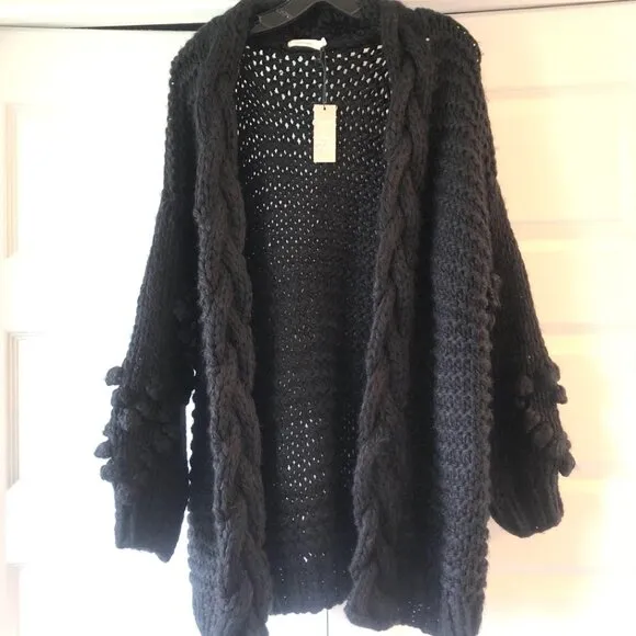 NWT AMARYLLIS Chunky Boho Black Crochet Cardigan Pompom-sleeve Open Front XL/1X